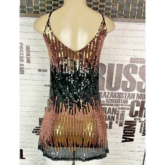 Rhapsodielle Jrs M Black-Gold Ombre Mesh Sequin Lined Mini Slip Dress - Picture 4 of 5
